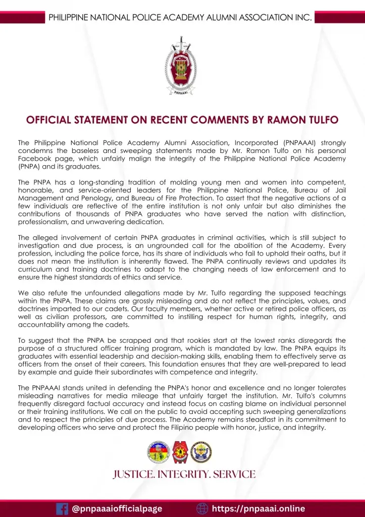 PNPAAAI Official Announcement re Tulfo